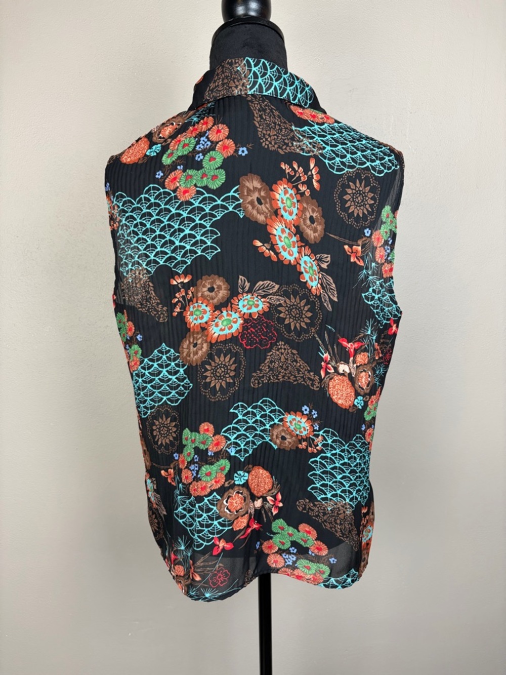 Sere Nade Floral Plisse Sleeveless Button-Down Blouse Art To Wear Boho Top L EUC - Picture 6 of 15